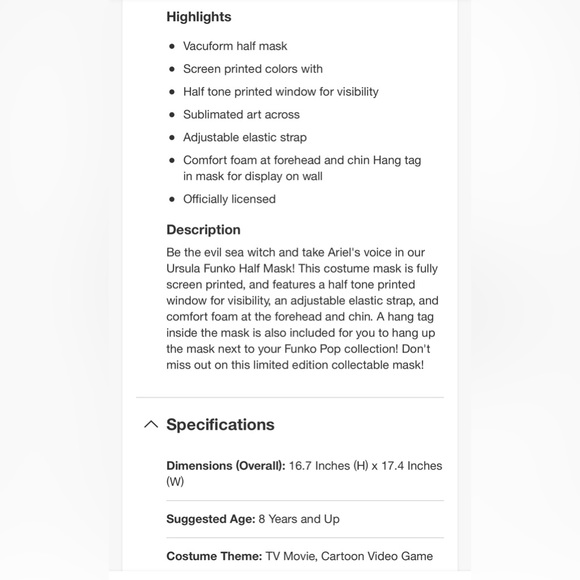 Disney The Little Mermaid Ursula Funko Pop! Oversized Halloween Costume Mask NWT - Picture 3 of 12